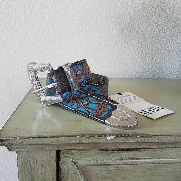 Myra Bag Turquoise Hand-Tooled Leather Belt - Picture 1 of 7